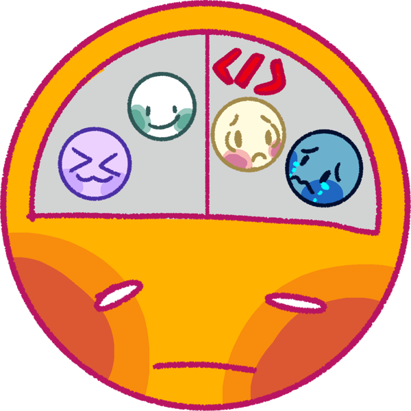 A featureless yellow face with a half circle over the forehead which is divided down the middle, showing two smaller faces on either side of the divider. The faces on the left are lavender and white, while the faces on the right are pake yellow and blue. The side on the right has a red brackets and slash coding symbol and the faces look distressed.